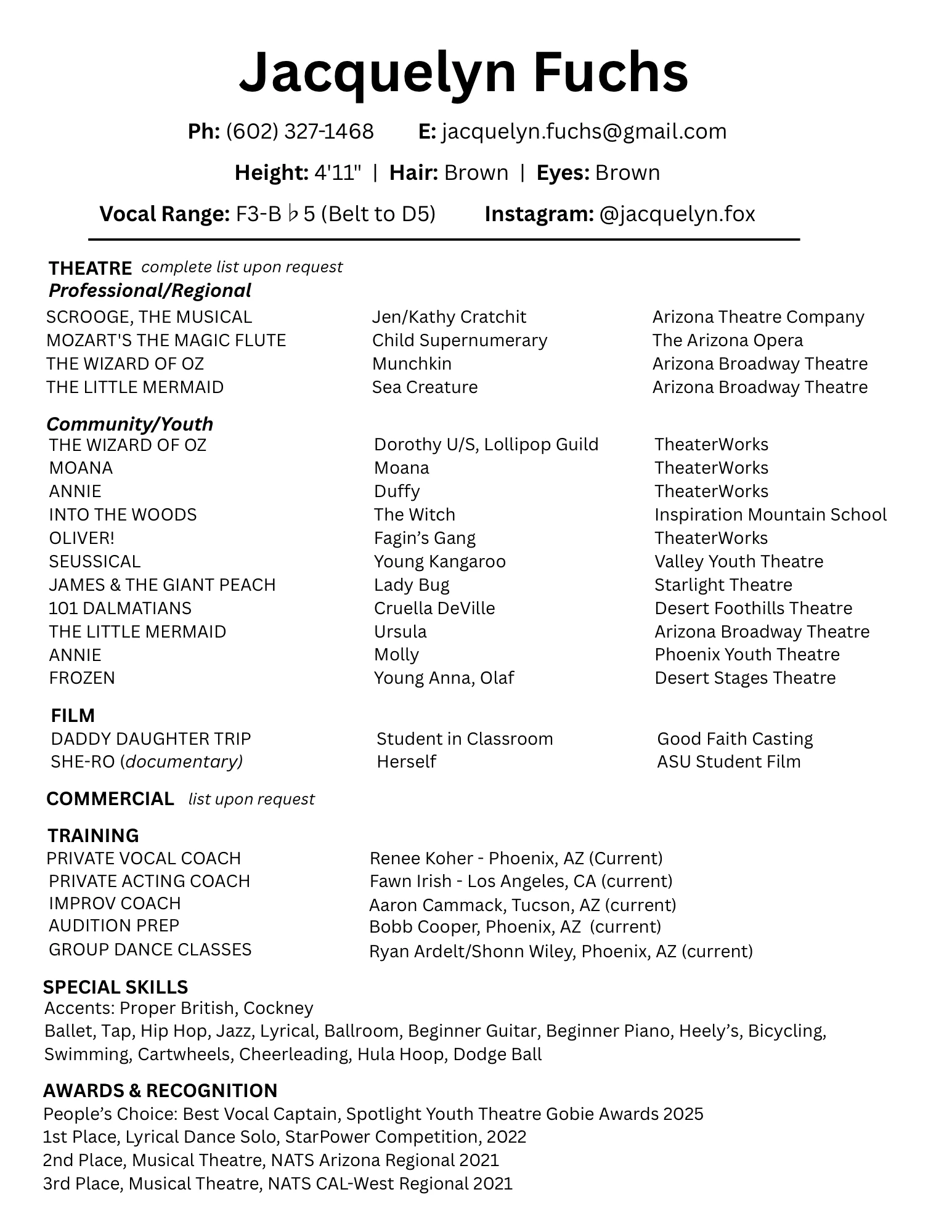 Performance resume for Jacquelyn Fuchs listing theatre and film credits, performance and dance training, awards, and special skills